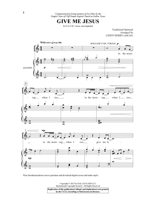 Give Me Jesus (Arr. Cindy Berry) - Traditional Spiritual, African-American Spiritual (Choral, SATB)