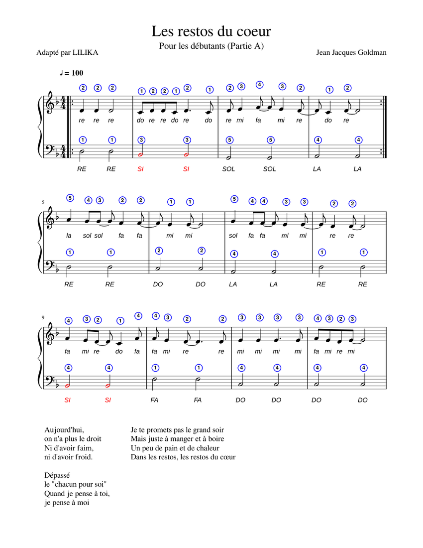 Les restos du coeur Sheet music for Piano (Solo) Les restos du coeur Sheet music for Piano (Solo)