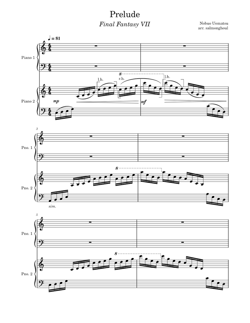 Prelude Final Fantasy VII (Piano Duet) Sheet music for Piano (Piano