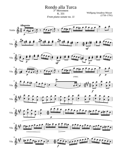 Rondo alla Turca from Piano Sonate no. 11 – Wolfgang Amadeus Mozart Rondo alla Turca
