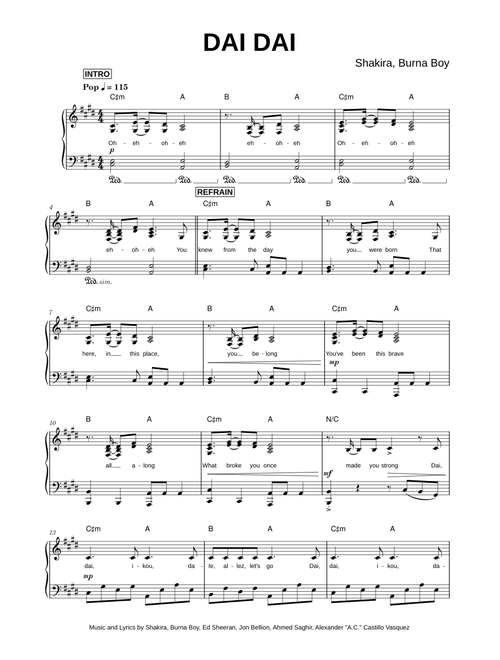 Dai Dai - Shakira, Burna Boy (Piano)