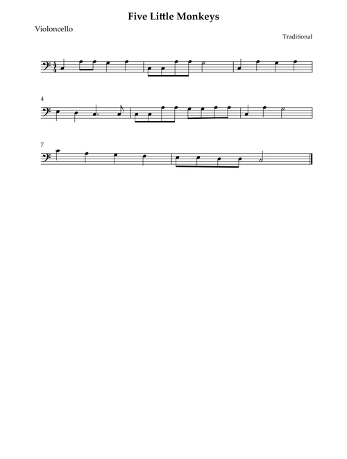 Five Little Monkeys (Arr. Wesley S. SIlva) - Traditional (Cello Solo)