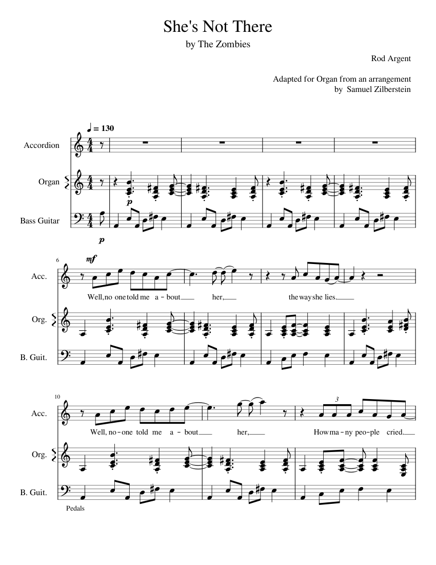 She's Not There – The Zombies organ Sheet Music for Accordion, Organ ...