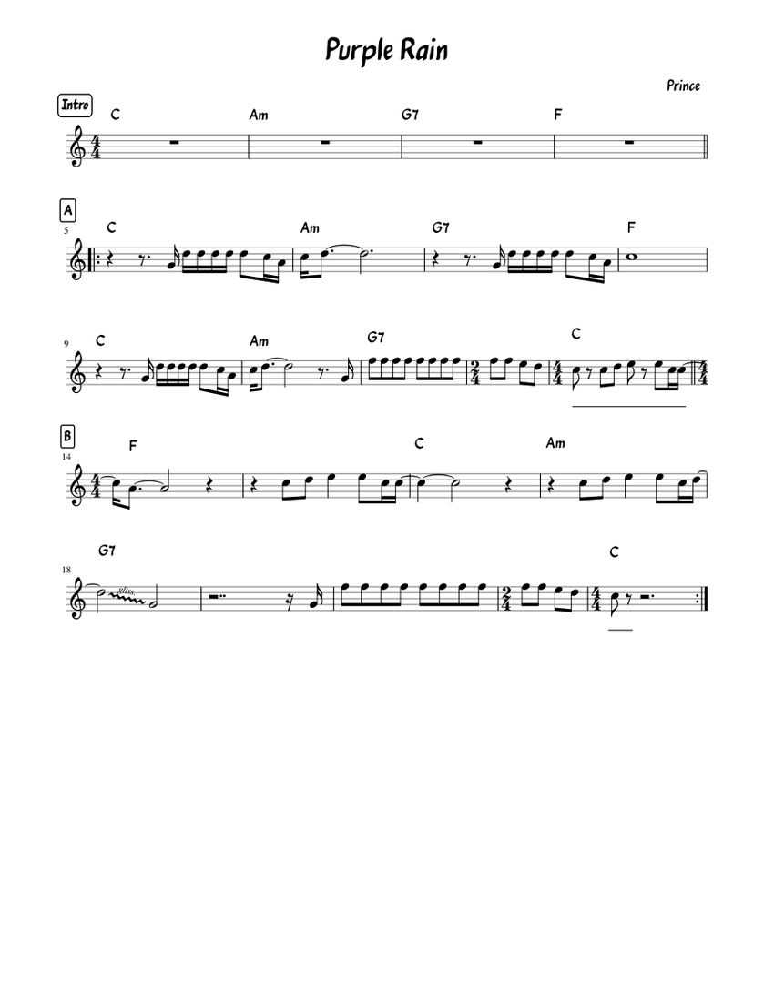Purple Rain Sheet Music with Chords for Piano (Solo) easy