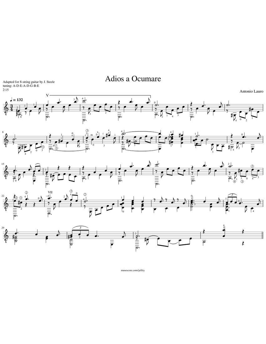 Lauro Adios A Ocumare 8 Str Gtr Sheet Music For Guitar Solo