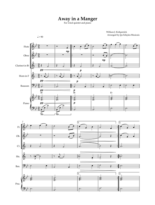 Away in a Manger - Woodwind Quintet and Piano - Easy Intermediate in Bb Major (Includes Chords) (Arr. JPS Edições Musicais) - William J Kirkpatrick (Woodwind Ensemble)
