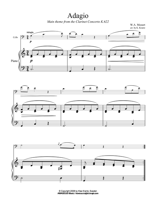 Adagio from the clarinet concerto (theme) for cello and easy piano (Arr. Klas Krantz) - W.A. Mozart (Viola and Piano)