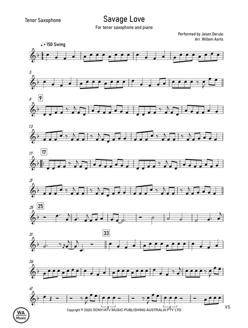 Savage Love (Arr. Willem Aarts) - Jason Derulo & Jawsh 685 (Tenor Sax and Piano)
