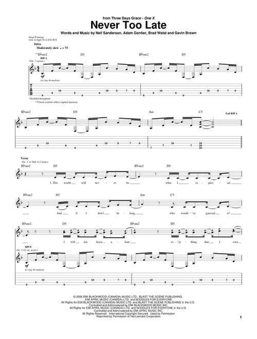 Never Too Late - Three Days Grace (Guitar Tab)