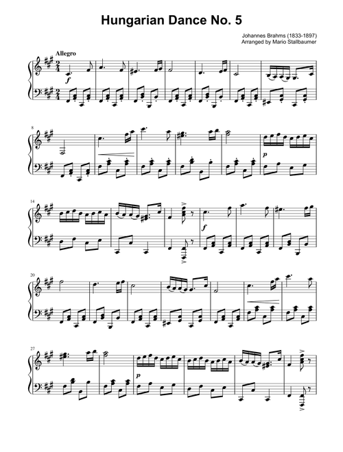 Hungarian Dance No. 5 - Piano Solo (F# minor) (Arr. Mario Stallbaumer) - Johannes Brahms (Piano Solo)