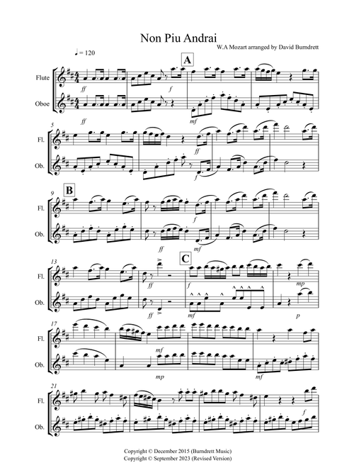 Non Piu Andrai for Flute and Oboe Duet (Arr. David Burndrett) - Wolfgang Amadeus Mozart (Instrumental Duet)