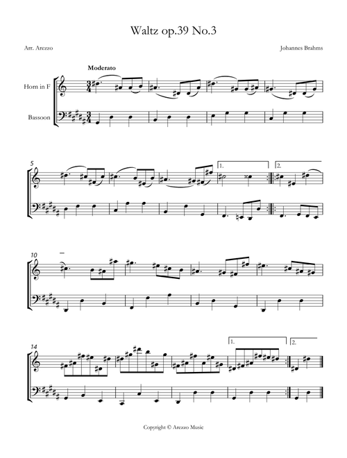 brahms waltz op 39 no 3 French Horn and Bassoon sheet music (Arr. Arezzo Music) - Johannes Brahms (Instrumental Duet)