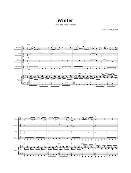 Largo from Winter by Vivaldi for Sax Quartet and Piano with Chords (Arr. Langanho) - Antonio Vivaldi (Woodwind Ensemble)