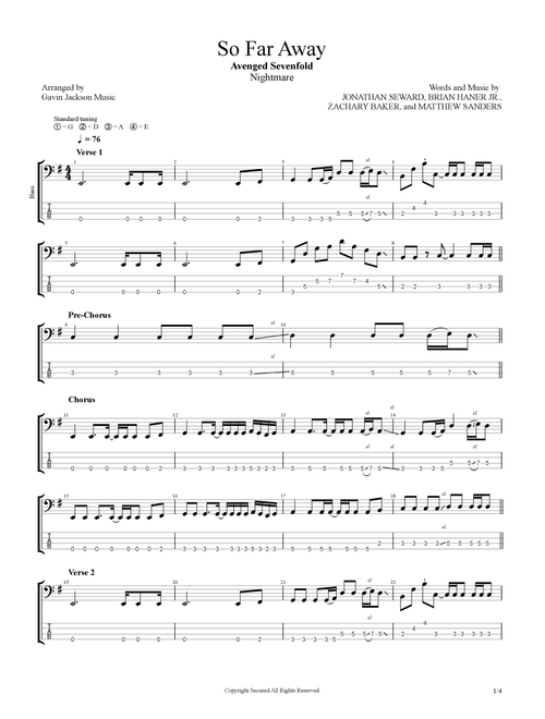 So Far Away (Arr. Gavin Jackson Music) - Avenged Sevenfold (Bass Tab)