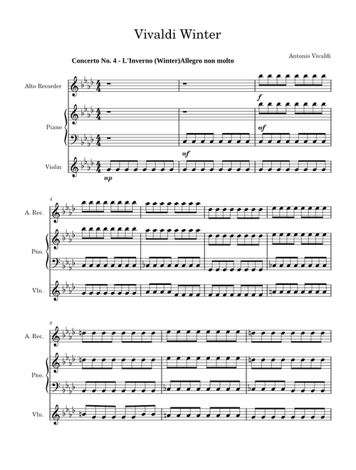 The Four Seasons - Winter – Antonio Vivaldi Antonio Vivaldi Winter violin, piano and recorder