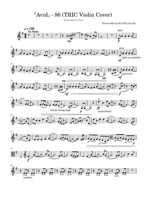 Avid – SawanoHiroyuki[nZk]:mizuki 『Avid』 - 86  TRIC Violin Cover  transcripted to Viola