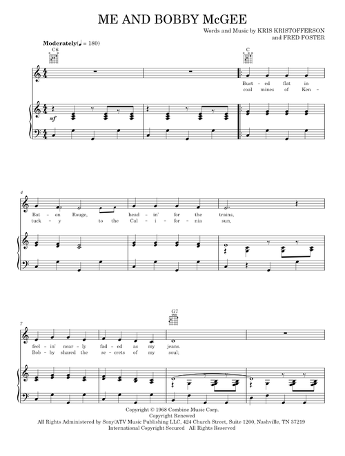 Me And Bobby McGee - Janis Joplin, Kris Kristofferson, Roger Miller (Piano-Vocal-Guitar)
