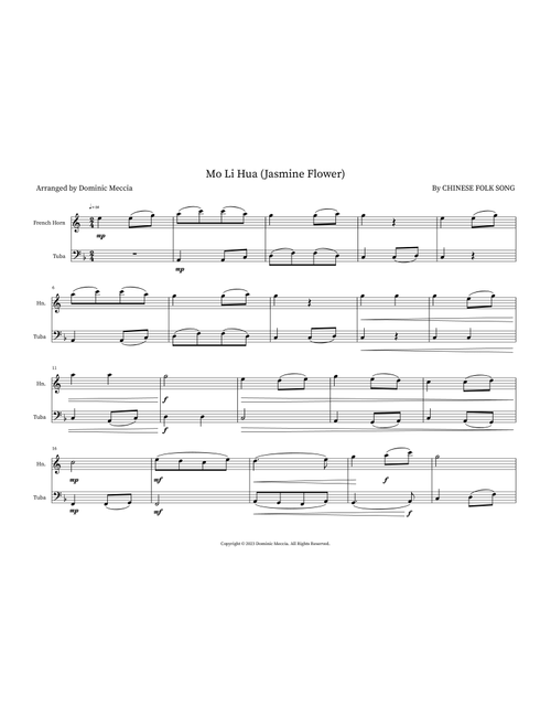 Mo Li Hua (Jasmine Flower) (Arr. Dominic Meccia) - Chinese Folk Song (Instrumental Duet)