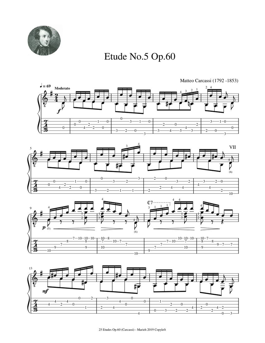 Etude No.5 Op.60 - Matteo Carcassi (1792 - 1853) - Tablature Sheet