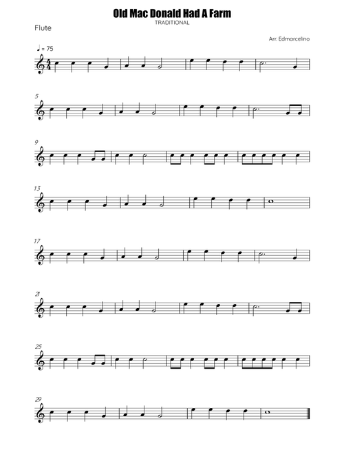 Old Mac Donald Had A Farm - Sheet Music to Flute Beginners (Arr. Edmarcelino) - Traditional (Flute Solo)