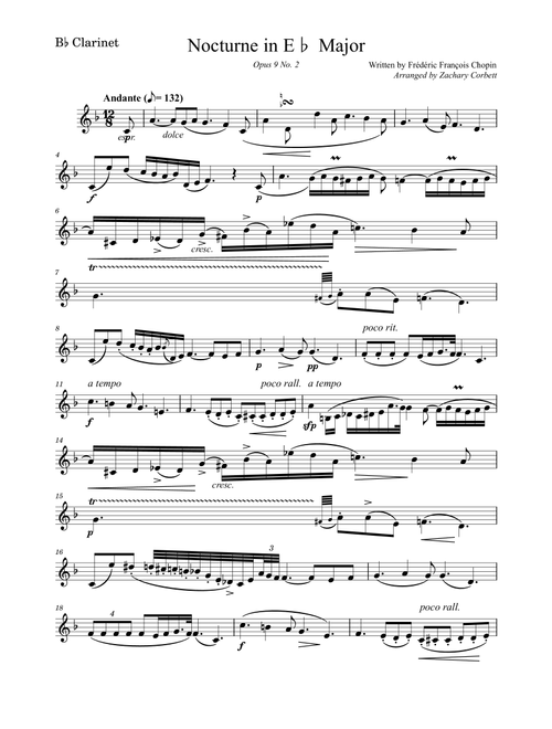 Nocturne Op 9 No 2 in Eb Major (Arr. Zachary Corbett) - Chopin (Clarinet and Piano)