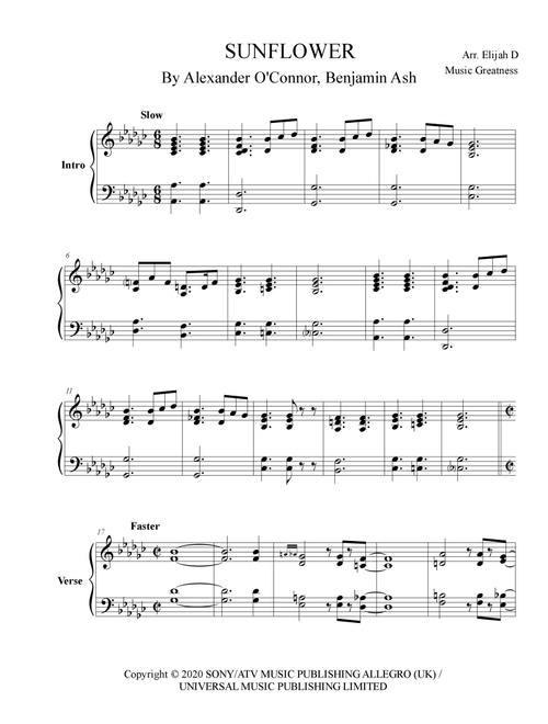 Sunflower (Arr. Music Greatness) - Rex Orange County (Piano Solo)