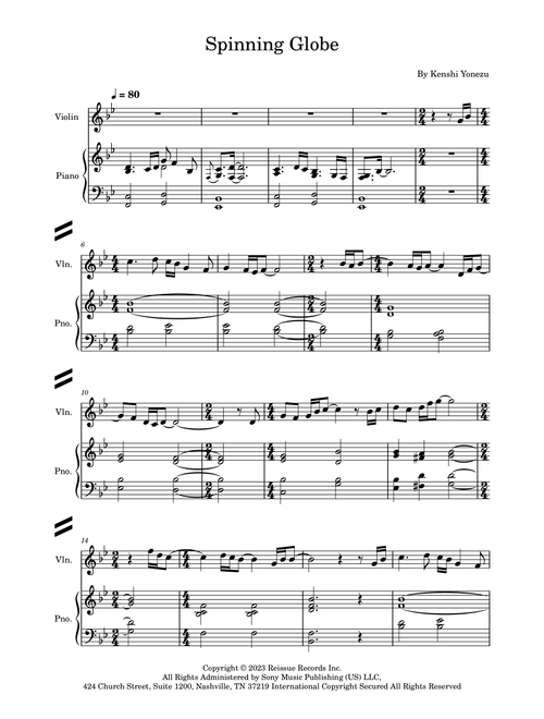 Spinning Globe (Arr. Valerio Estreguin) - Kenshi Yonezu (Violin and Piano)