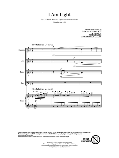 I Am Light (arr. Mark Hayes and Kimberly Lilley) - IndiaArie (Choral, SATB)