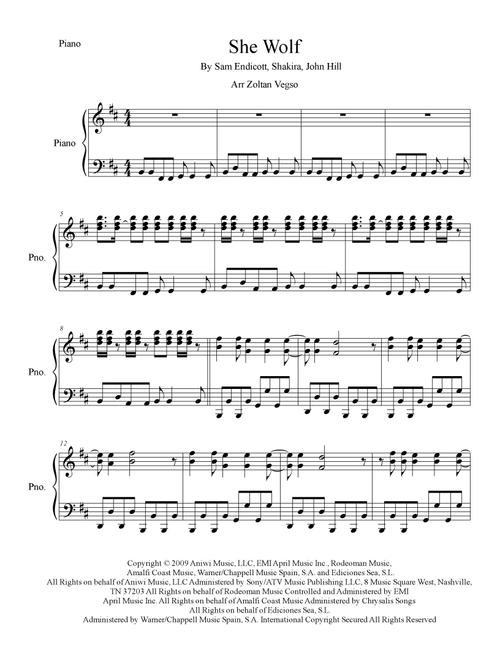 She Wolf (Arr. Zoltan Vegso) - Shakira (Easy Piano)