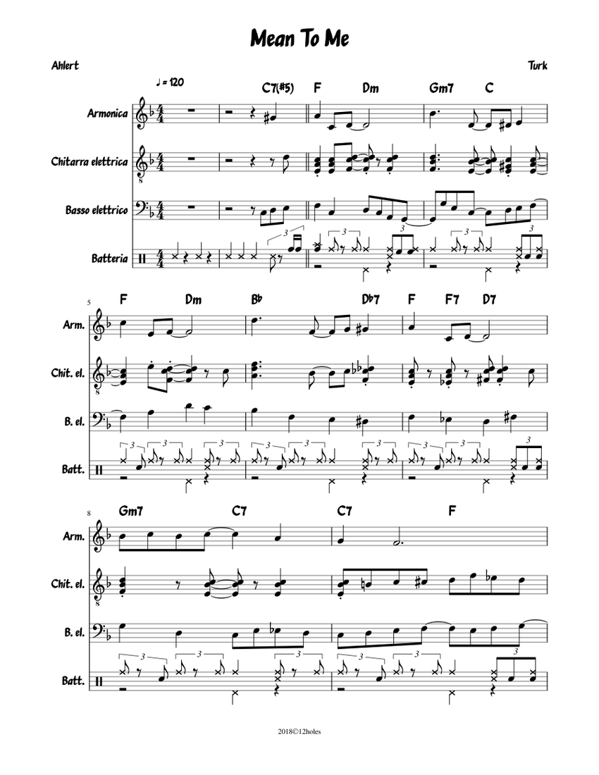 Mean To Me Sheet Music with Chords for Guitar, Bass guitar, Drum