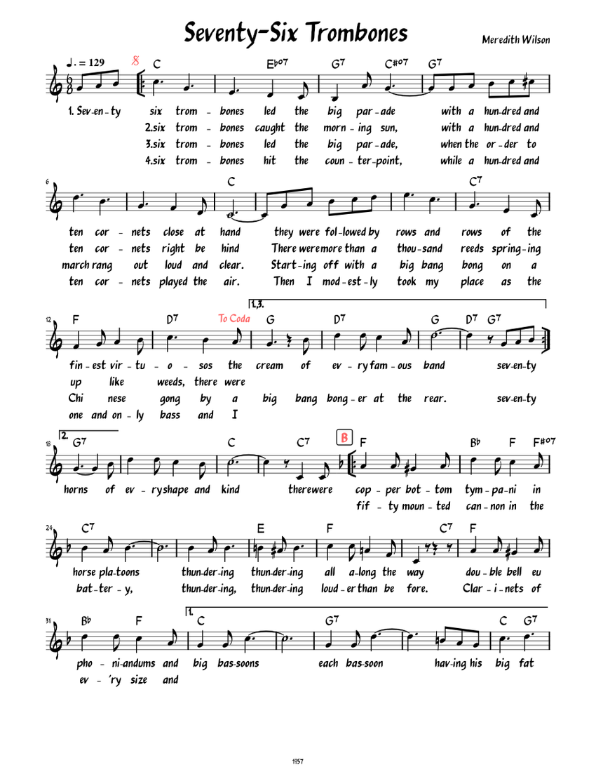 Seventy Six Trombones (Lead sheet with lyrics ) Sheet music for Piano