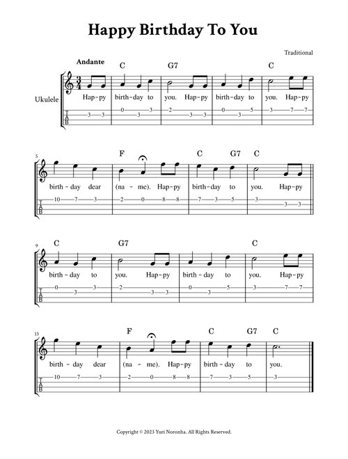 Happy Birthday To You - For Ukulele (C Major - with TAB, Chords and Lyrics) (Arr. Yuri Noronha) - Traditional (Ukulele)