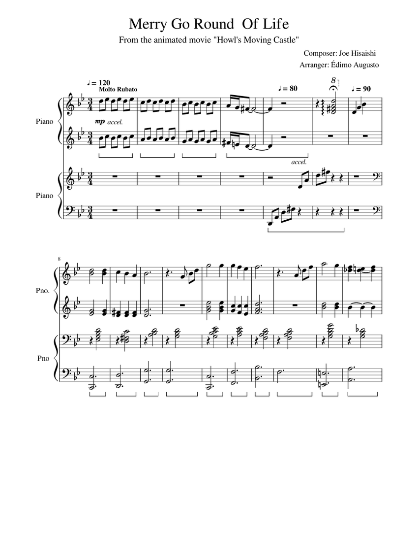 WIP) Merry Go Round Of Life 4 hands Sheet Music for Piano (Piano