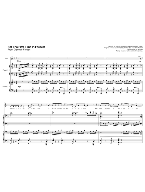 For The First Time In Forever: transcription for 2 pianos and voice