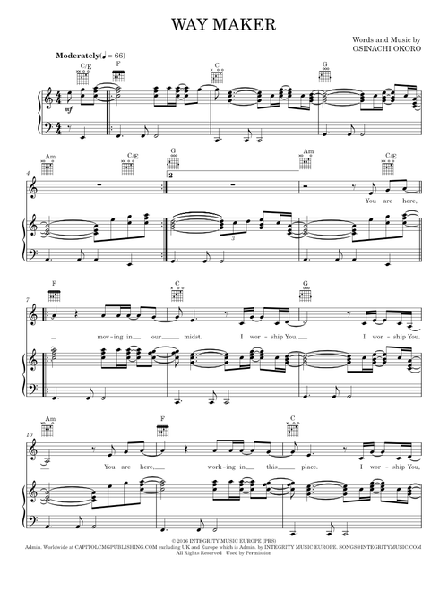 Way Maker - Leeland, Michael W. Smith, Sinach (Piano-Vocal-Guitar)