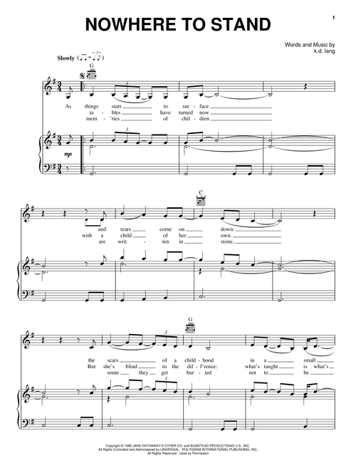 Nowhere To Stand - kd lang (Piano-Vocal-Guitar)