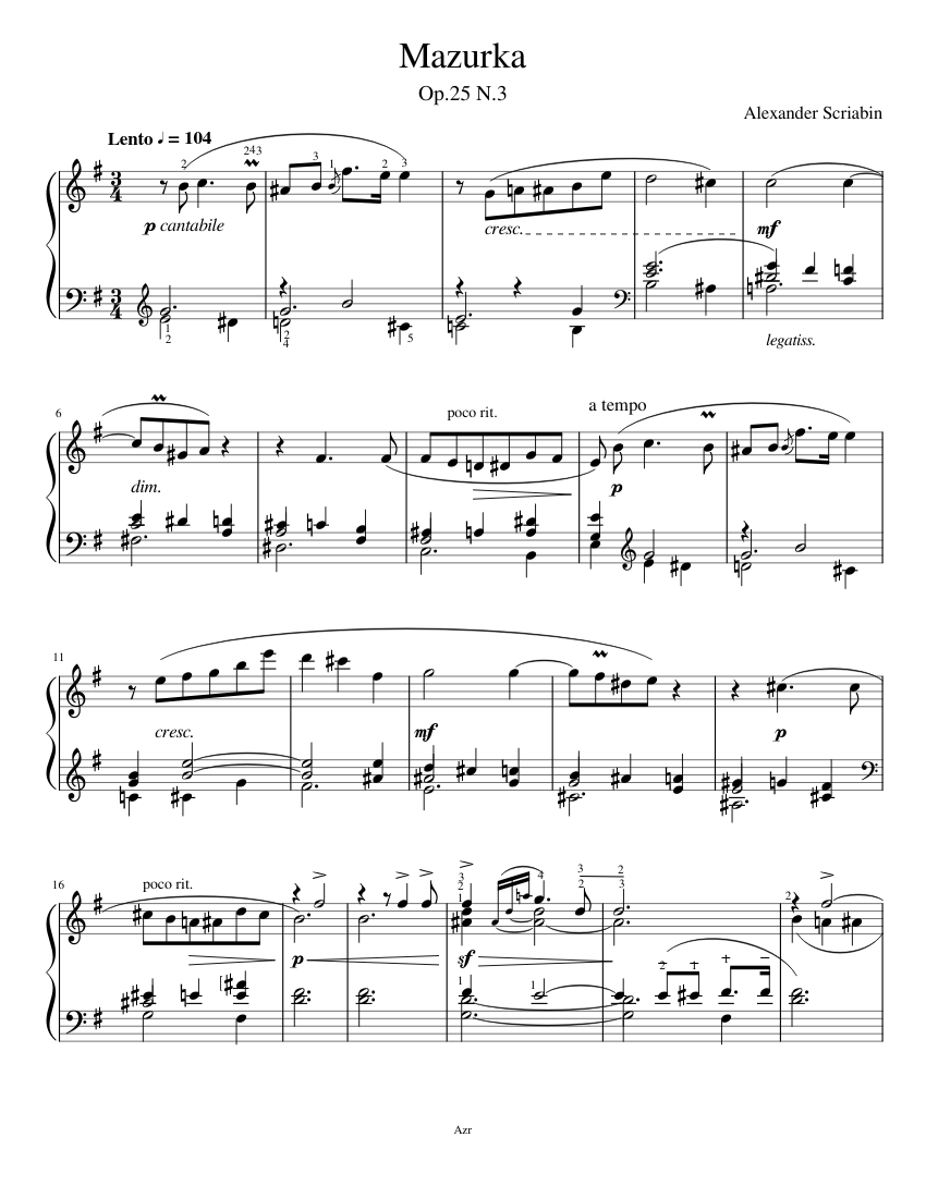Mazurka Op.25 N.3 - By Alexander Scriabin Sheet music for