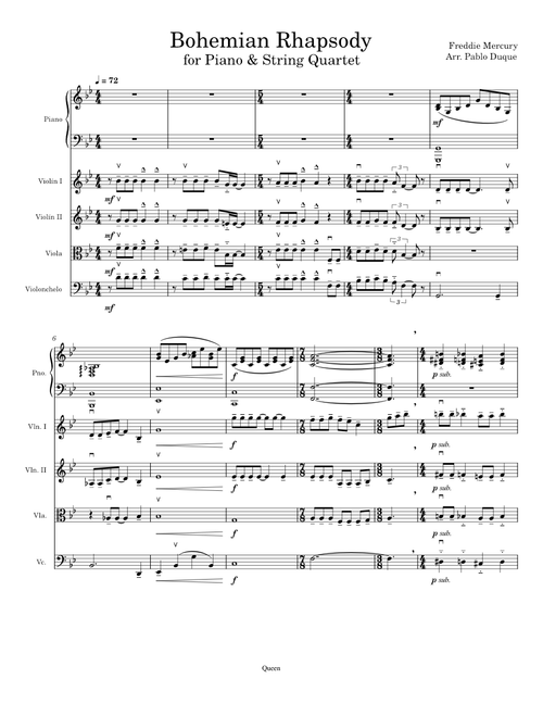 Bohemian Rhapsody - Queen – Freddie Mercury arrangement for Piano & string quartet