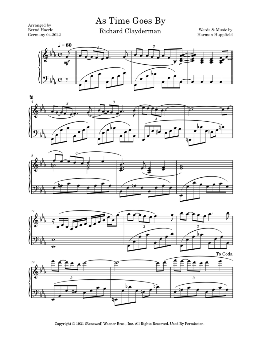 As time goes by – Richard Clayderman Sheet Music for Piano (Solo