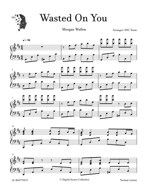 Wasted On You (Arr. Digital Scores Collection) - Morgan Wallen (Piano Solo)