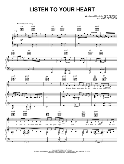 Listen to Your Heart - Roxette (Piano-Vocal-Guitar)