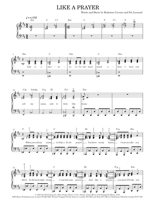 Like a prayer – Madonna (Score) (Solo)