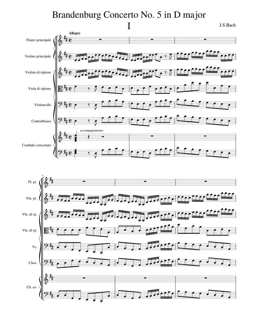 Brandenburg Concerto No.5 1st movement Sheet Music for Harpsichord, Flute, Violin, Strings group ...