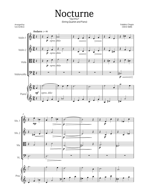 "Nocturne" (Chopin) - Beautiful EASY version for STRING QUARTET and PIANO. (Arr. Iury Cardoso) - Frédéric Chopin (String Ensemble)