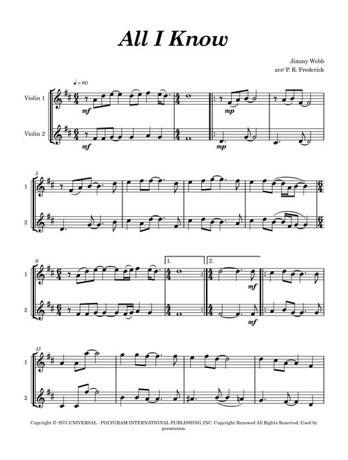 All I Know (Arr. P. R. Frederick) - Art Garfunkel (Violin Duet)
