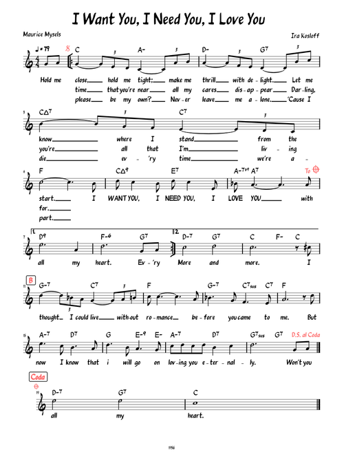 I Want You, I Need You, I Love You (Lead sheet with lyrics )