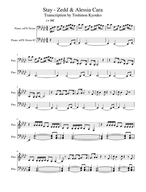 Stay (Zedd - Alessia Cara) for piano solo (piano sheet)