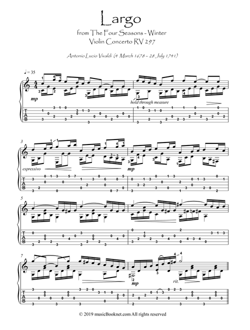 Four Seasons - Largo by Vivaldi guitar solo (Arr. PianoSheetNow) - Antonio Vivaldi (Guitar Tab)