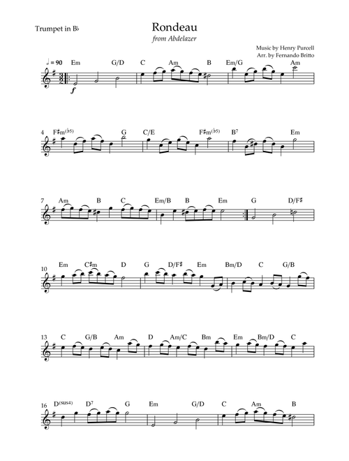 Rondeau (from Abdelazer) for Trumpet in Bb Solo Chords (Arr. Fernando Britto) - Henry Purcell (Trumpet Solo)