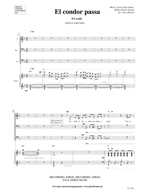 El Condor Pasa (If I Could) (Arr. Jetse Bremer) - Jorge Milchberg, Paul Simon, Daniel Alomia Robles (Choral, TTB)